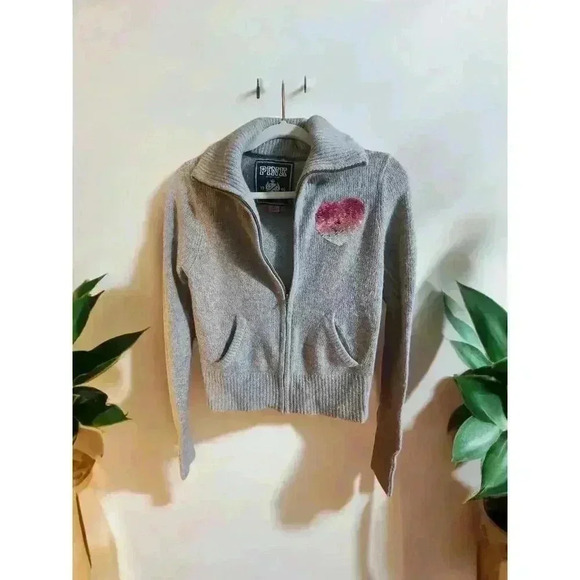 PINK Cotton Blend Zip Front Turtle Neck Grey Knit Sweater -Heart Sequence Medium - Picture 1 of 4